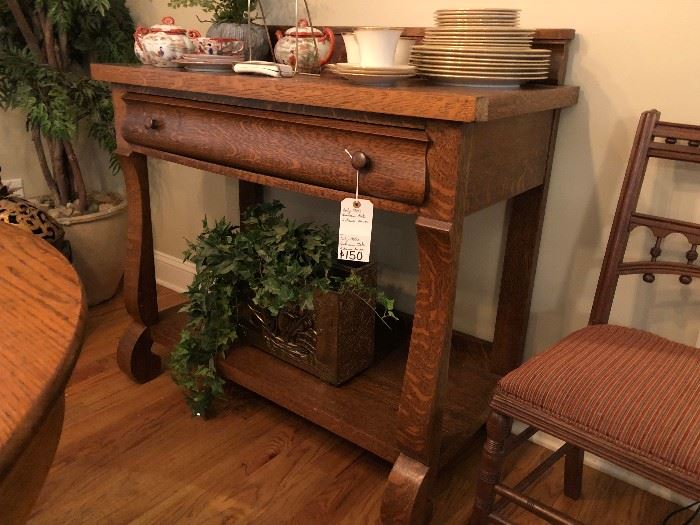Early 1900's American Tiger Oak Server, Empire Style Legs to front, single drawer.