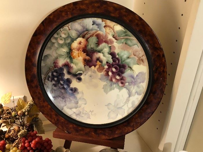 Hand Painted Fruit Motif Plate in Burled Walnut Frame circa 1900. 