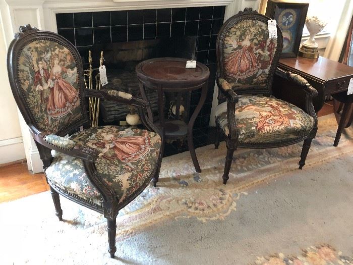 Pair of Louis XVI Style Carved Fauteuils with Romantic Tapestry Upholstery