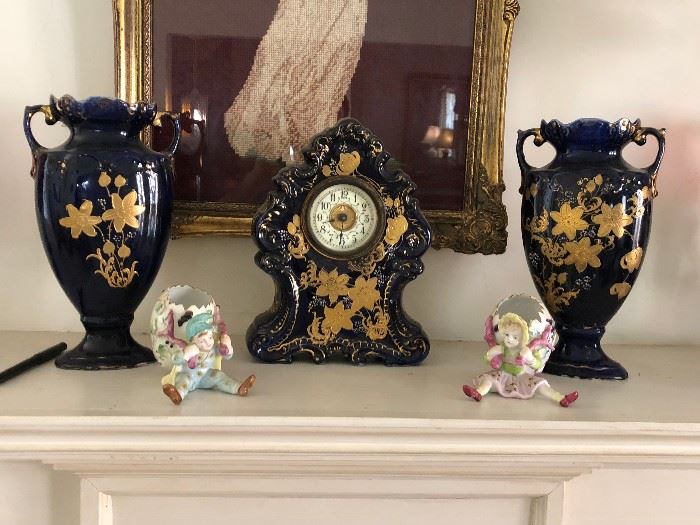 Victorian Era 3 piece Porcelain Mantle Suite, Clock and Pair of Matching Vases, likely German in the manor of Royal Bonn 