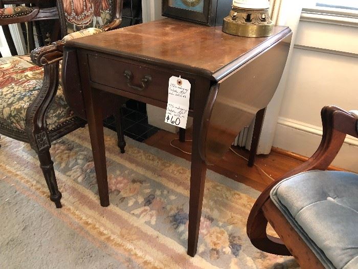 One of a Pair, 1940's Mahogany Pembroke Style One Drawer End Tables 