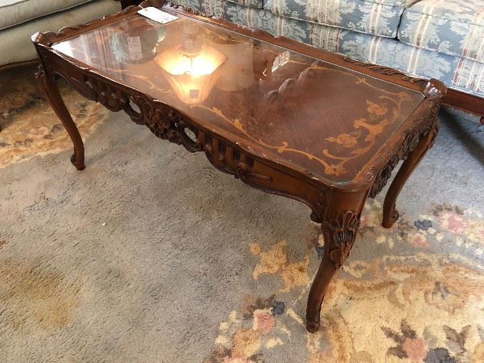 1930's Mahogany Cocktail Table, French Stlye carved Legs with Inlay 