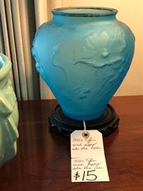 Tiffin Glass Raised Poppy Blue Satin Vase