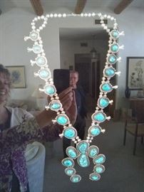 Sterling Silver Vintage Turquoise Squash Blossom Necklace