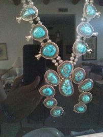 Sterling Silver Vintage Turquoise Squash Blossom Necklace