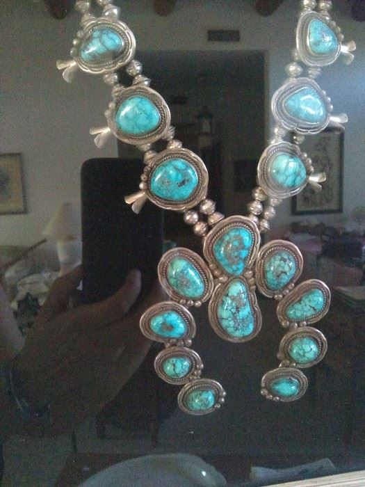 Sterling Silver Vintage Turquoise Squash Blossom Necklace