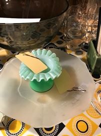 Fenton Green Ruffled Glass Top Hat ~ Frosted Glass Console Bowl
