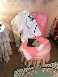 Vintage PINK Womens Dressing Chair ~ Vintage Pink Negligee And WWII Sailors Top ~ Vintage Chenille Rug