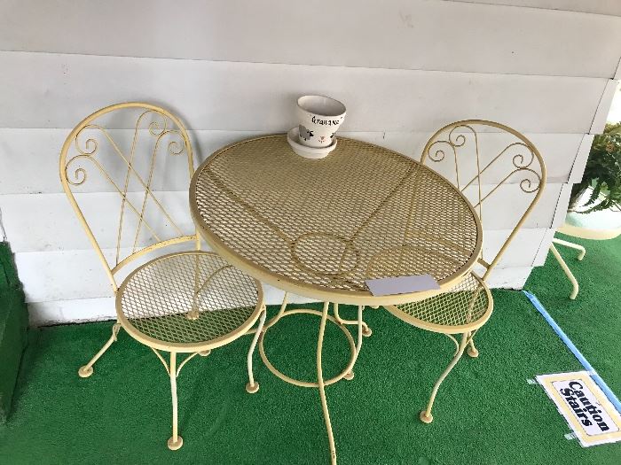 Vintage Yellow Metal Mesh Table With two Chairs