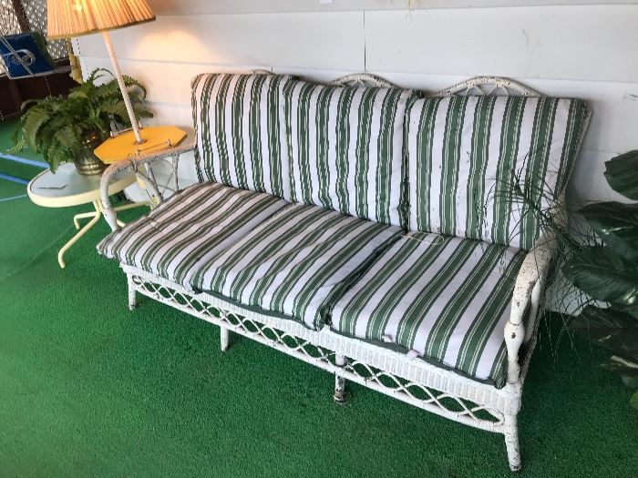 Old White Wicker Sofa With Newer Cushion