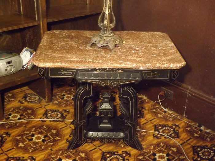 Ebonized Marble Top Table Gold Accents