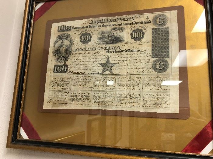 Republic of Texas $100 stock certificate