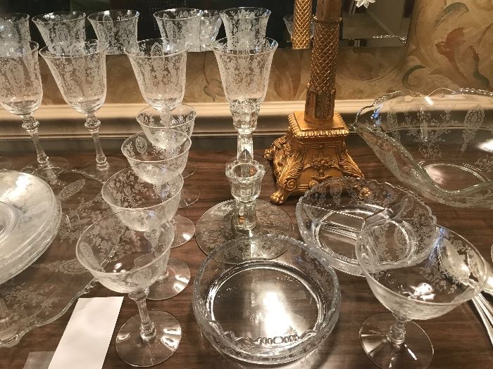 Beautiful TIFFIN June Night Etched Crystal Stemware, Candle Holders And Serving Pieces