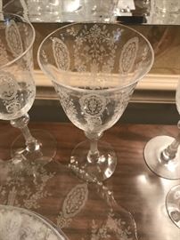 Beautiful TIFFIN June Night Etched Crystal Stemware, Candle Holders And Serving Pieces