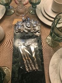 Assorted Glassware, Crystal And China ~ Arthur Court Metal Rabbit / Bunnies Green Marble Cutting Board With Four Spreaders