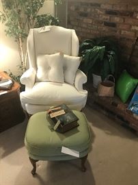 Wesley Hall White Wing Back Chair ~ Green Ottoman With Queen Anne Legs