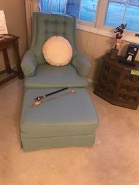 Vintage Aqua Diamond Upholstered Chairs With Ottomans ~ Two Available