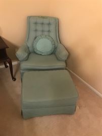 Vintage Aqua Diamond Upholstered Chairs With Ottomans ~ Two Available