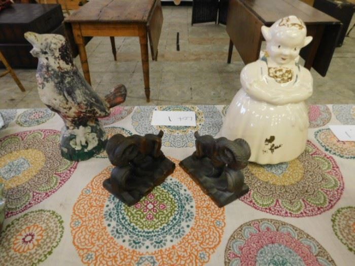 Vintage cookie jar and brass ram book ends