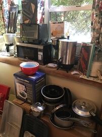 small electric appliances-toaster ovens, microwave, coffee pots, cookware, bakeware