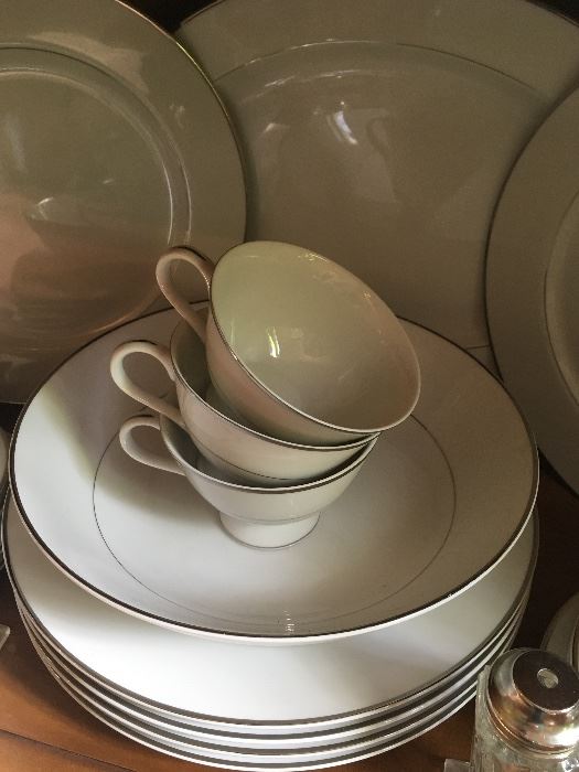 lovely china pattern white with a silver band. 