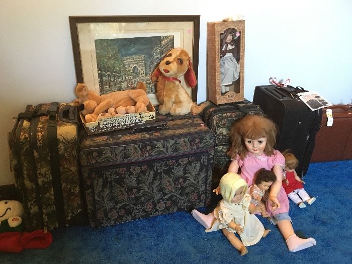 luggage, vintage dolls and stuffed animals, framed print