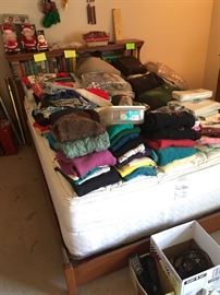 full size bed, clothing, books, Christmas items
