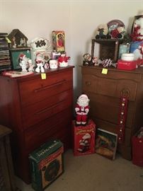 Christmas items, two chest of drawers