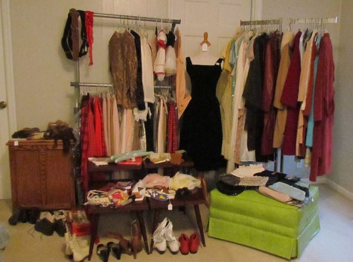 Vintage Clothes, Vintage shoes, Vintage purses, 2 clothes racks, MCM ottoman, 2 MCM end tables, Dress form, Clothes Hamper