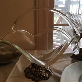 VINTAGE BLOWN GLASS AND SILVER BASE COMPOTE