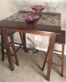 PUB TABLE WITH 2- STOOLS, CRANBERRY GLASSWARE