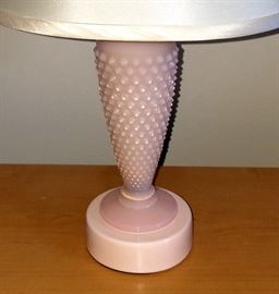 Pink hobnail glass dresser lamp, 16" tall.