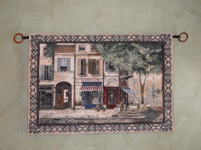 Beautiful large arge tapestry from painting by Fabrice de Villaneuve.  Paris street scene.  Includes hanging rod and brackets.  53" x 37"