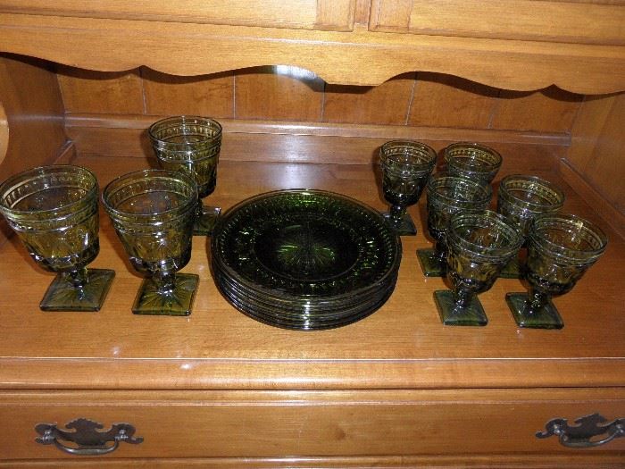 Green depression glass:  Colony Park Lane by Indiana Glass.  Plates, large and small goblets.