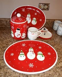 Hallmark snowmen platters, cookie jar, etc.