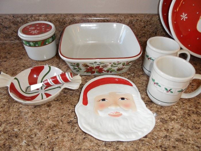 Longaberger Christmas serving dishes and mugs