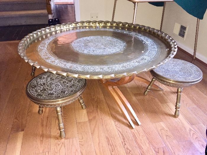 Brass top table and matching stools