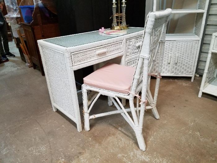 One of about 5 white wicker pieces in our sale: desk, dresser, chair, tall shelf, night stand... Great condition.