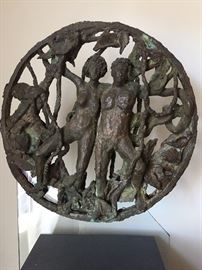 Brutalist cast bronze sculpture of Adam and Eve.