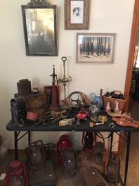 Antique lanterns, tins, bottle capper, vintage prints