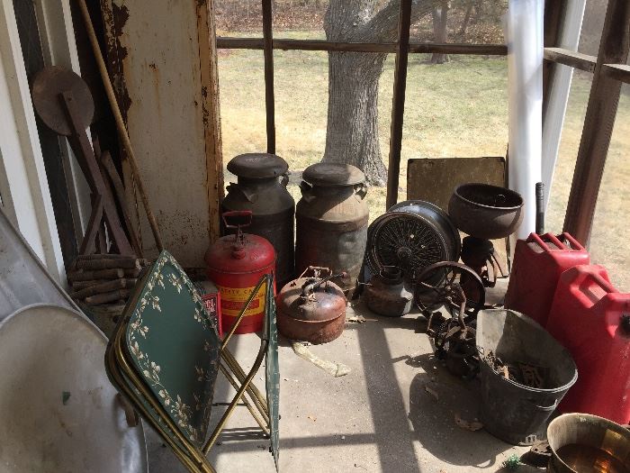 Vintage farm/gardening equipment - plus an entire bucket of antique glass insulator mounting pegs