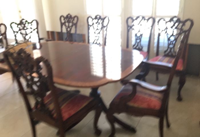 Dining Mahogany - Inlaid Table, Double Pedestal, 3  & Leaves & 10 Chairs
