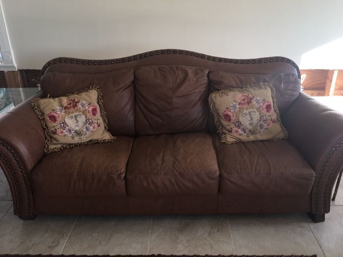 Brown Leather Sofa & Needlepoint Pillows