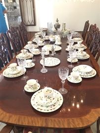 Dining Mahogany,  Inlaid Table - Double Pedestal, 3 leaves/10 Chairs  China & Crystal