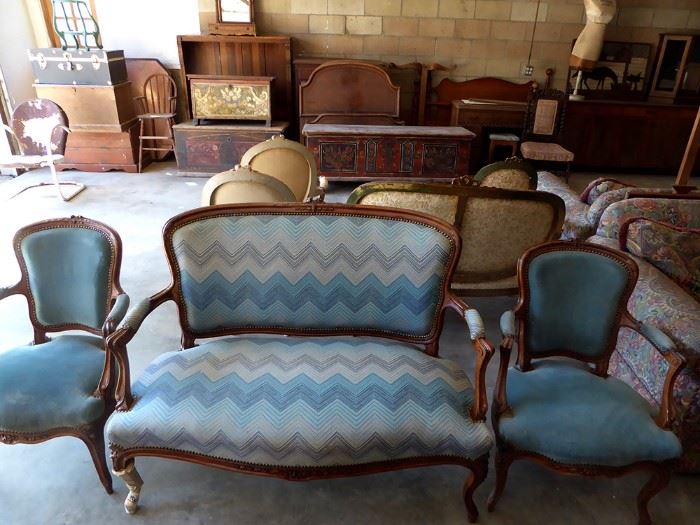 Two car garage filled with antiques                                                                    Blue French settee $450  Blue French chairs $125 each