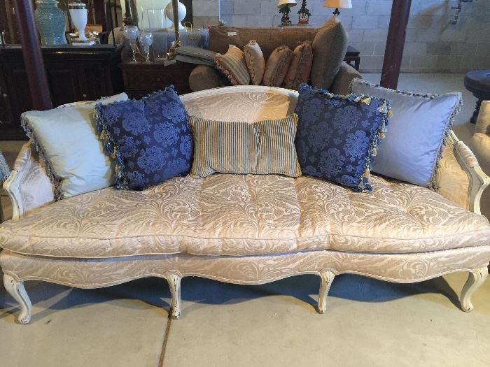 Designer custom reupholstered antique sofa. Designer custom made pillows sold separately.