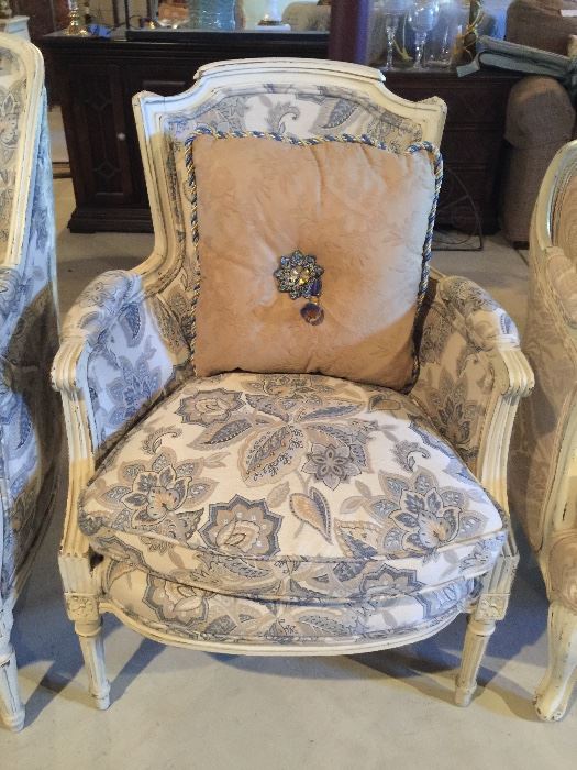 Custom designer reupholstered antique arm chair. Pillow sold separately.