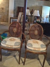 Antique refurbished with designer custom fabric. Sold as a pair.