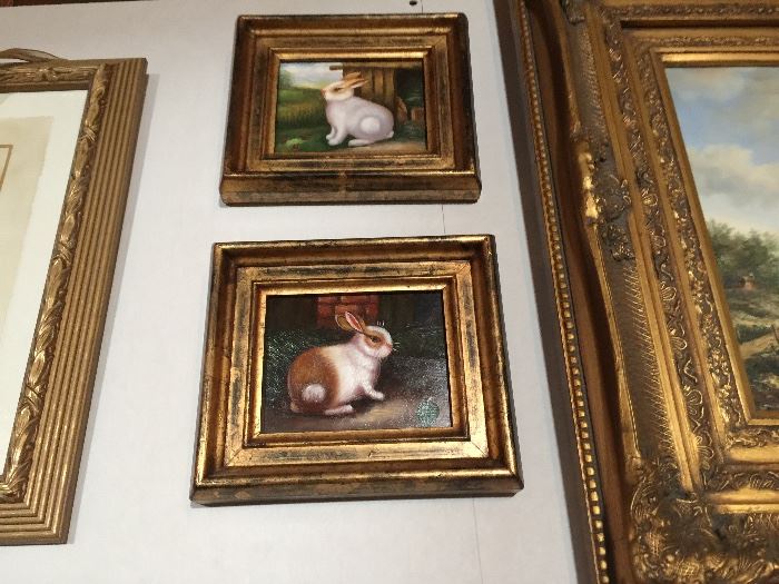 Small rabbit artwork in custom frames. Sold as a pair.