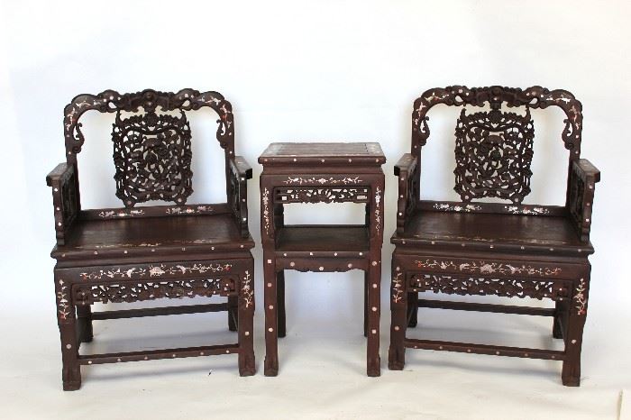 LOT 975 MOP Inlaid Wood Chair Set